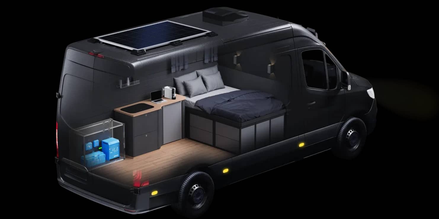 Gennemskåret visning af en autocamper, der viser dens komplette Victron-strømsystem